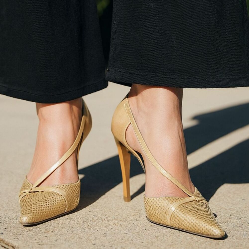Vintage KARL LAGERFELD Gold Hologram Y2k Cross Strap Heel Shoes Women's Size 6.5